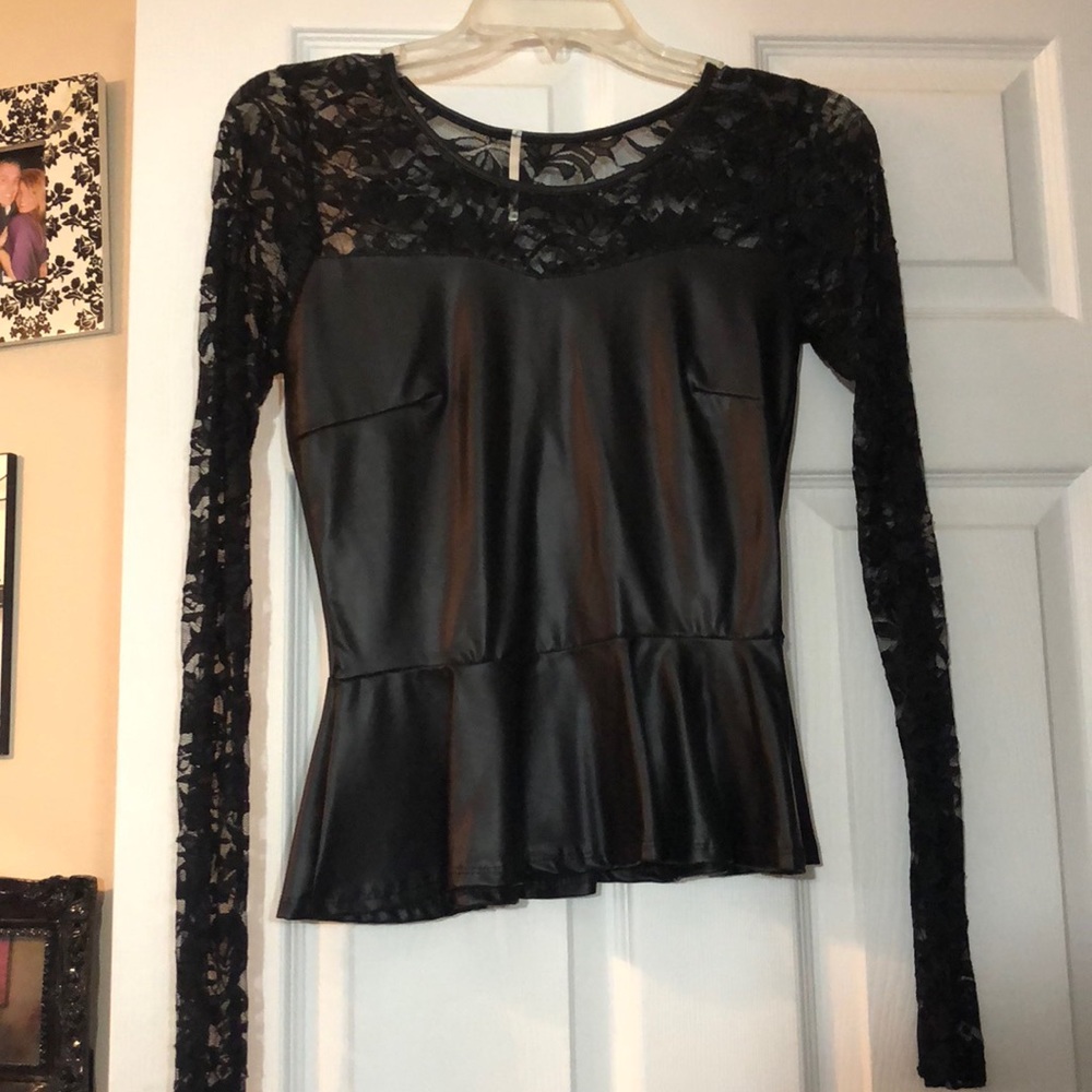 Black leather and lace peplum top